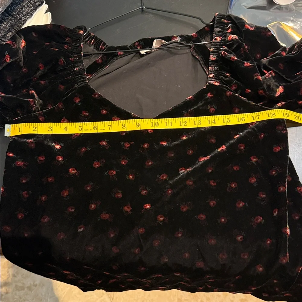LOFT Black Velvet with small red roses and capped sleeves. NWOT